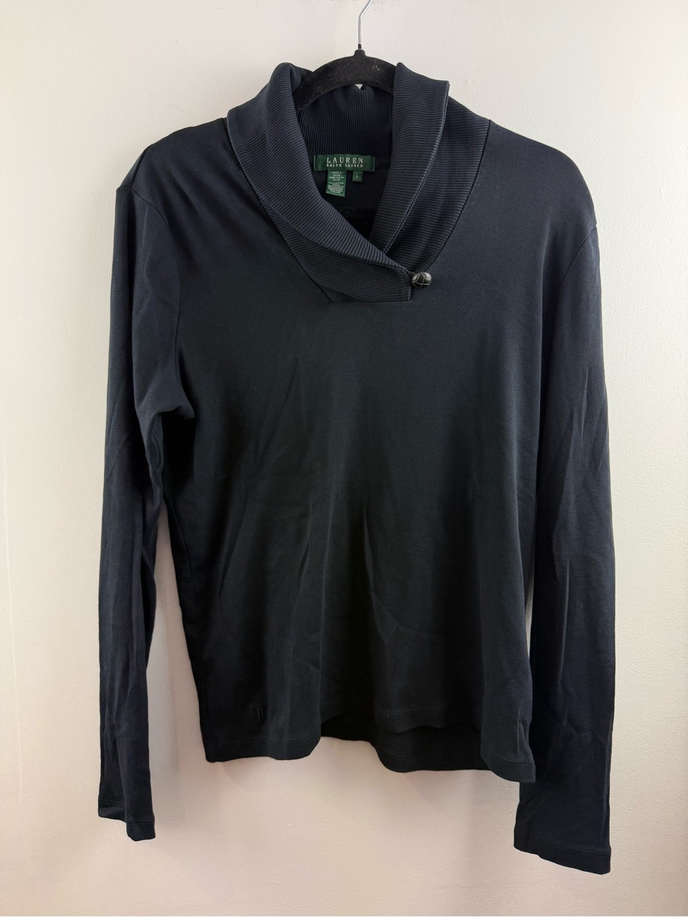 Lauren Ralph Lauren Black 100% Cotton Shawl Collar Long Sleeve Top L